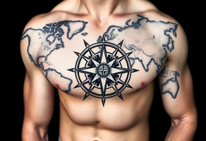 antique compass rose overlaid on weathered world map with sailing ships tattoo idea