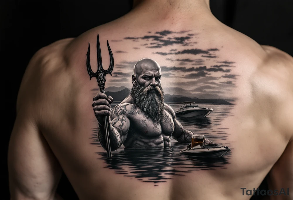 young, happy, fit, balding, poseidon in calm water, holding a trident, drinking a beer, with sunset, with ski boat tattoo idea