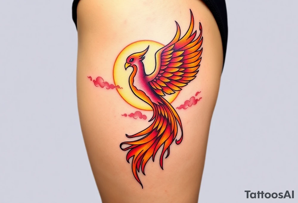 magnificent phoenix rising from flames with trailing embers pinks golds orange and yellows with a golden sunset and sky with puffy clouds and heaven backdrop tattoo idea