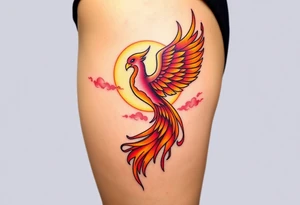 magnificent phoenix rising from flames with trailing embers pinks golds orange and yellows with a golden sunset and sky with puffy clouds and heaven backdrop tattoo idea