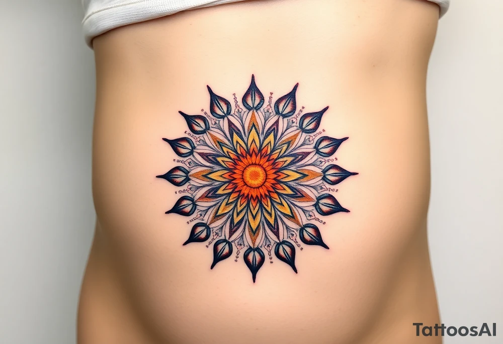 A sunburst pattern radiating from the Flower of Life centered in round cyrcle, embodying energy and vitality tattoo idea