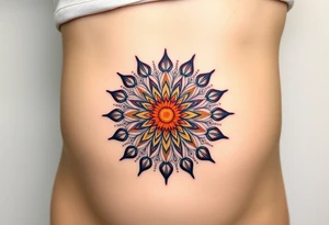 A sunburst pattern radiating from the Flower of Life centered in round cyrcle, embodying energy and vitality tattoo idea