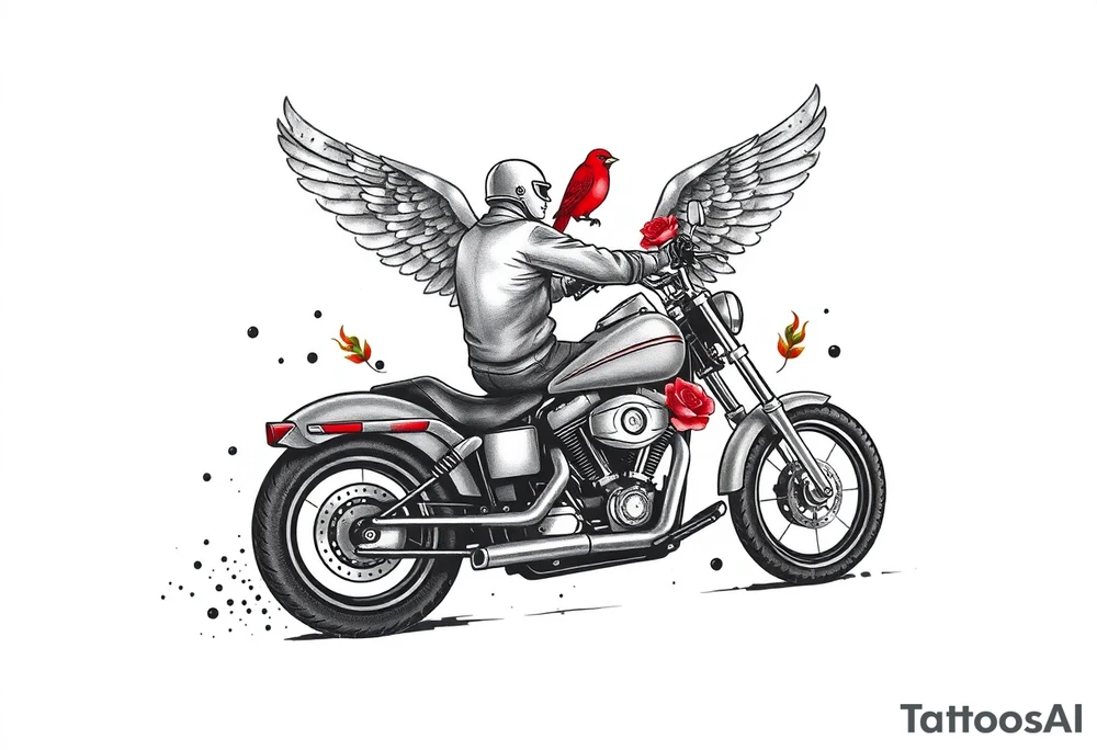Harley grey motorcycle driving away, two red birds flying, roses, flames, angel wings tattoo idea