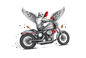 Harley grey motorcycle driving away, two red birds flying, roses, flames, angel wings tattoo idea