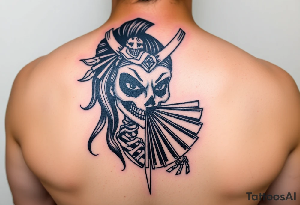 Samurai beauty  girl half face and half skeleton with a fan across her face tattoo idea