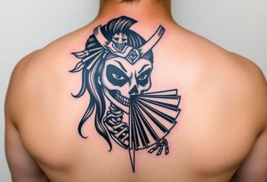 Samurai beauty  girl half face and half skeleton with a fan across her face tattoo idea