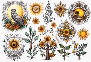 sonne, eule  wald, 
blume des lebens, 
baum tattoo idea