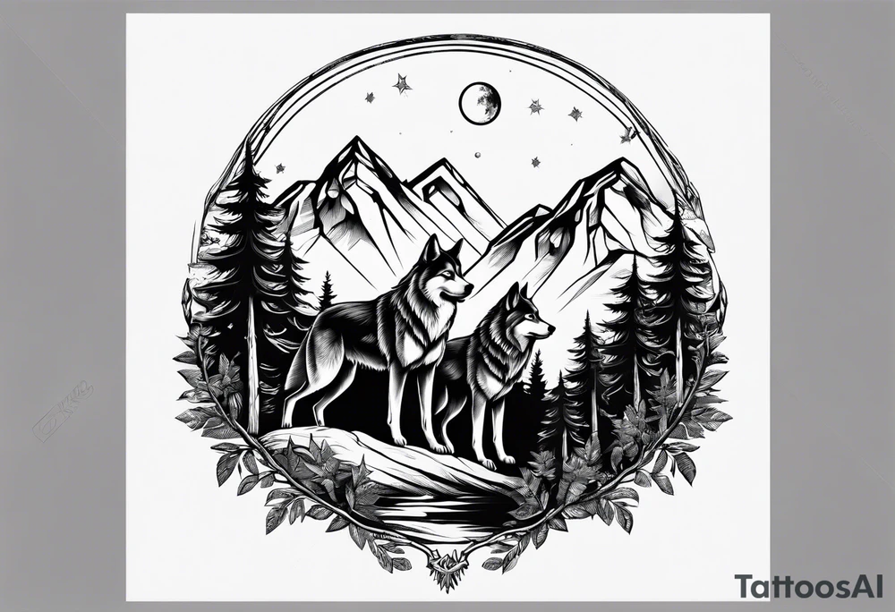 Mountain peaks
Two wolves
Moon
Dark woods
Trail tattoo idea Mountain peaks
Two wolves
Moon
Dark woods
Trail tattoo idea