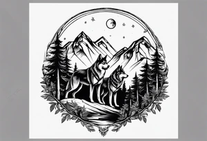Mountain peaks
Two wolves
Moon
Dark woods
Trail tattoo idea