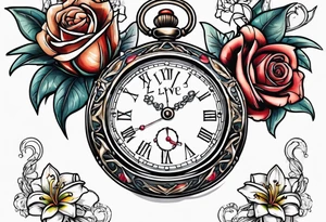 Two pocket watches linked together by a chain spelling "Lyv". Roses and lilies in the background tattoo idea