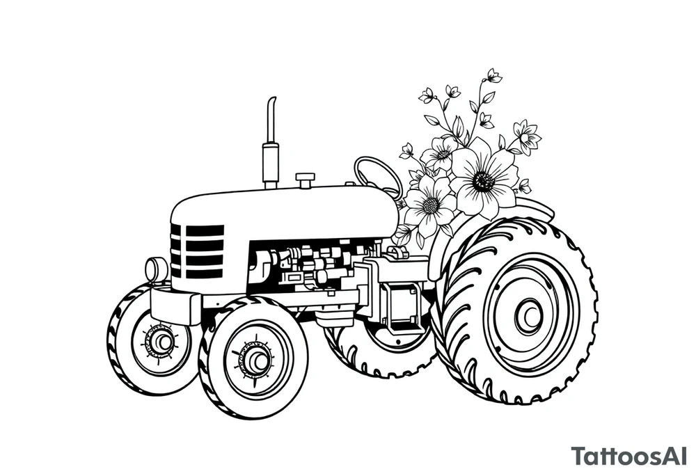feminine tractor with flowers tattoo idea