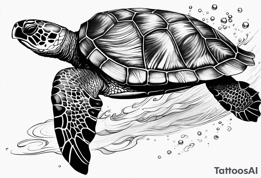 A serene turtle swimming underwater, detailed shell patterns visible, symbolizing patience and longevity.” tattoo idea