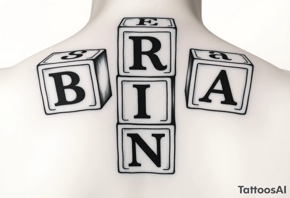 I WANT 5 TOY BABY BLOCKS STACKED ON TOP OF EACH OTHER AND I WANT EACH OF THEM TO HAVE A LETTER IN THEM. B, R, I, A, N THEY SHOULD BE STACKED ON TOP OF EACH OTHER IN 3D tattoo idea