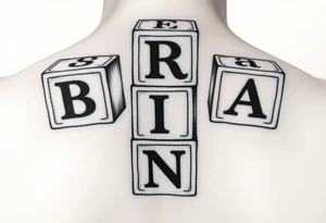 I WANT 5 TOY BABY BLOCKS STACKED ON TOP OF EACH OTHER AND I WANT EACH OF THEM TO HAVE A LETTER IN THEM. B, R, I, A, N THEY SHOULD BE STACKED ON TOP OF EACH OTHER IN 3D tattoo idea