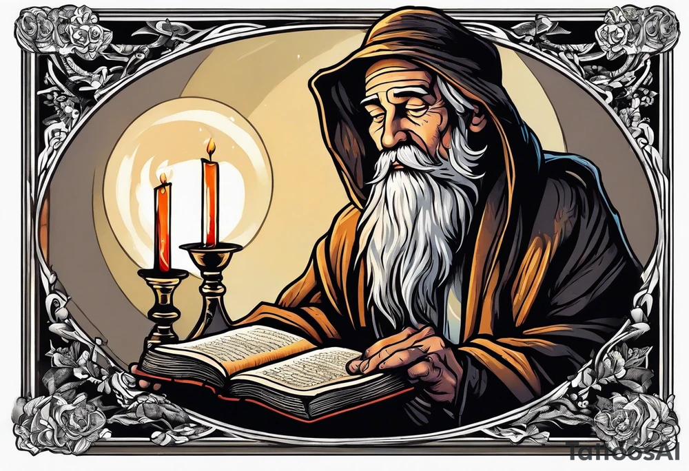 old man beggar reading a holy bible by candle light tattoo idea
