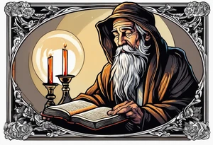 old man beggar reading a holy bible by candle light tattoo idea