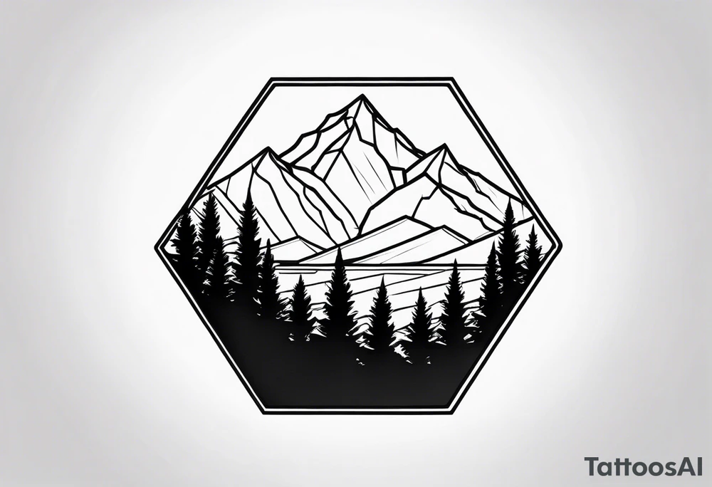 mountain with trees in an hexagon tattoo idea