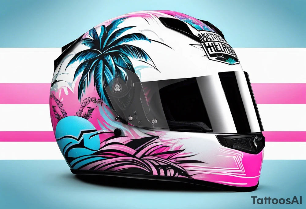 formula 1 helment with a palm tree and black light blue and pink colors tattoo idea