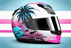 formula 1 helment with a palm tree and black light blue and pink colors tattoo idea