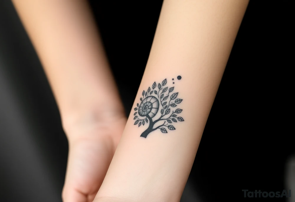 Fibonacci spiral shell on side of base of tree full of lots of leaves tattoo idea