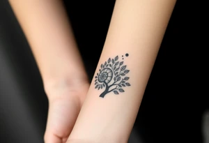 Fibonacci spiral shell on side of base of tree full of lots of leaves tattoo idea