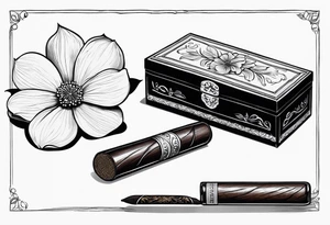 A simple vintage cigar box with a dogwood flower next to it as well as a lit cigar tattoo idea