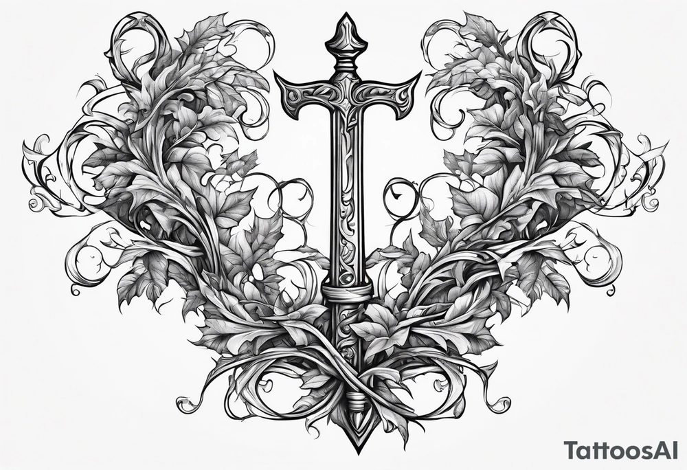 Leafy vines with sword tattoo idea