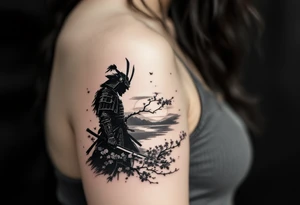 noble samurai warrior silhouette at sunset with cherry blossoms tattoo idea