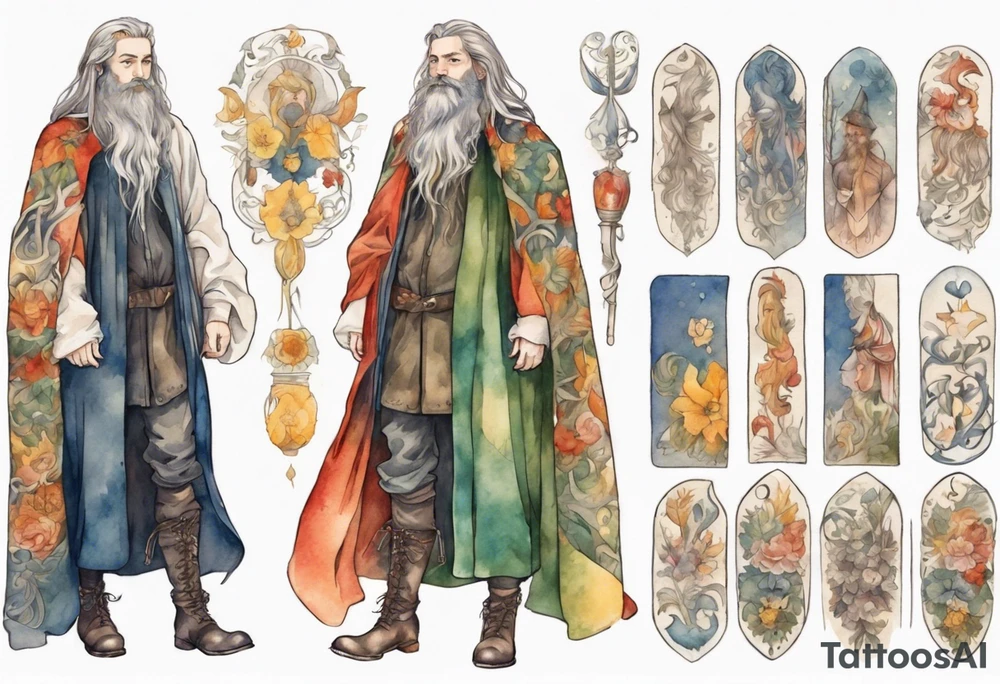 A tall, beautiful Swedish man with long multi-color hair and beard. Wearing a medieval cloak and boots. tattoo idea