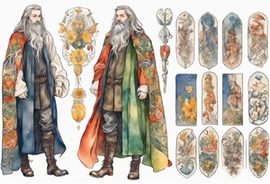 A tall, beautiful Swedish man with long multi-color hair and beard. Wearing a medieval cloak and boots. tattoo idea