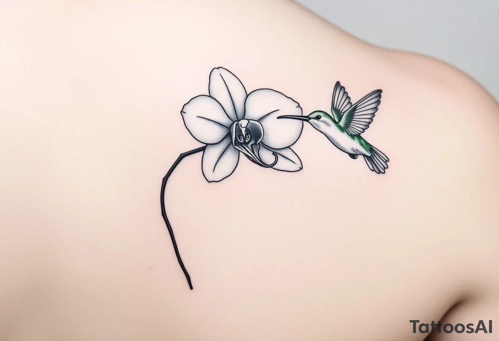 A delicate, black and white fine-line tattoo for make, featuring a gracefully detailed orchid in full bloom (stem and at least 2 flowers), with soft, intricate petals and elegant curves. Beside it, a hummingbird hovers mid-flight, its wings drawn with subtle motion lines, its slender beak reaching toward the orchid’s center to drink its nectar. The design captures a sense of balance and harmony, with the contrast between the stillness of the flower and the gentle energy of the bird. Perfectly suited for the upper arm, this piece combines nature’s beauty and movement in a timeless, minimalist style tattoo idea