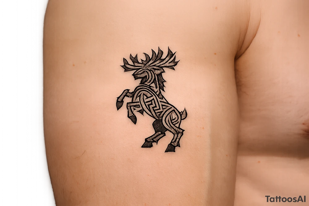 Caribou in Norse knot work open line concept mammen style stipple shading with animal on rear legs just animal no base or background make it just a antler tattoo idea