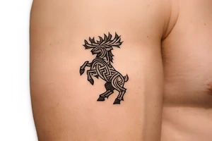 Caribou in Norse knot work open line concept mammen style stipple shading with animal on rear legs just animal no base or background make it just a antler tattoo idea