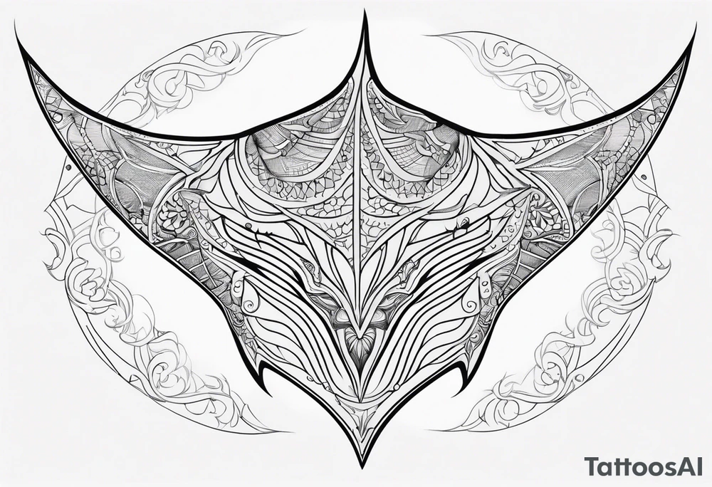 Tattoo sketch of manta ray in outline, without shadows and background, made of sacred ornament tattoo idea