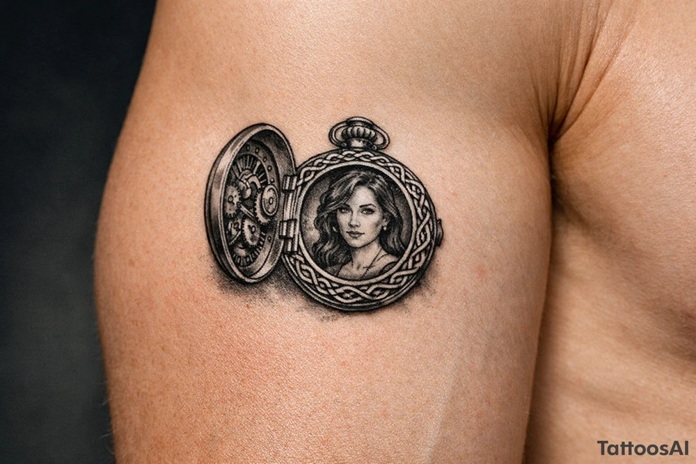 Pocket watch opened, Margo's portrait inside, brass cogs, flowing Celtic knotwork border. tattoo idea