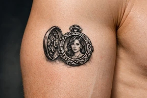 Pocket watch opened, Margo's portrait inside, brass cogs, flowing Celtic knotwork border. tattoo idea