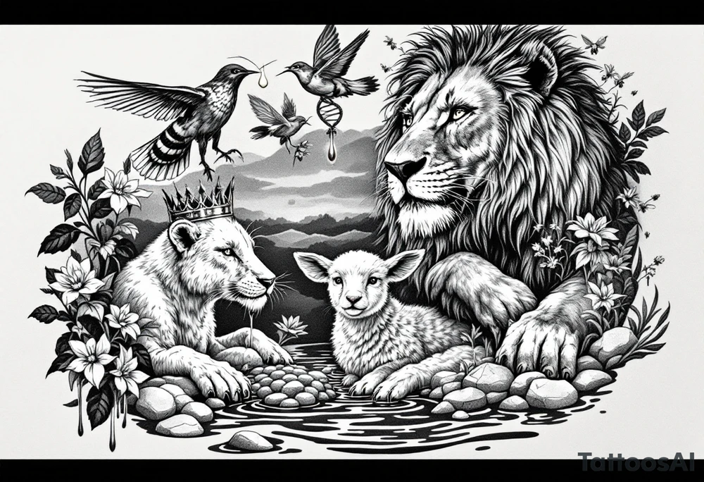 Make a honeycomb dripping honey flowing into a river and lake.  Make a lion, lamb, and dove playing in and by the honey lake.  Make the lion, lamb, and dove playing with and protecting honeybees, a crown, a golden nugget, an ancient hammer, and a harp with melodies.  Make a dna helix in the honey lake. Make an acts 3:21 banner over the tattoo tattoo idea