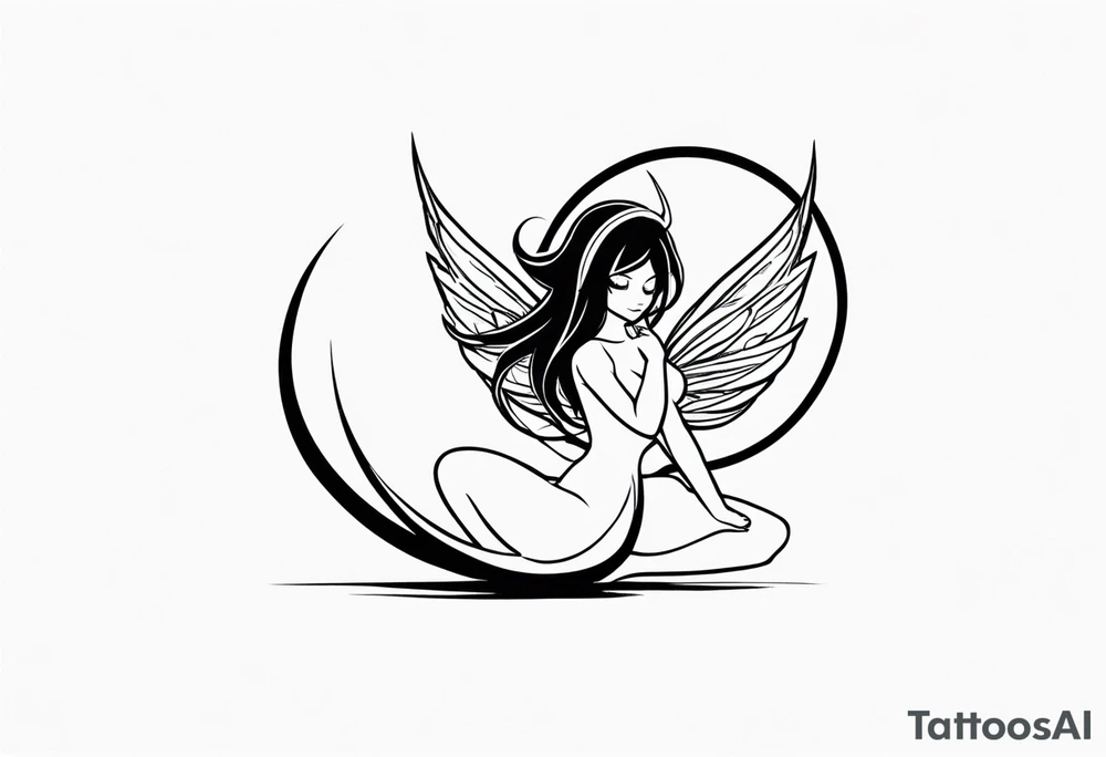 A fairy with a tail inspired by the logo of the show called Fairy Tail in a fetal position leaning in tattoo idea