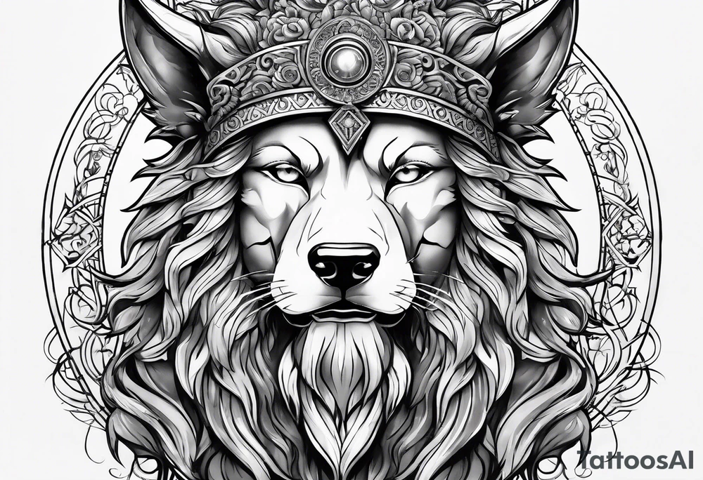 greek god zeus, full sleeve, attractive female face with wolf headress, chemical formula for protein, wolf tattoo idea