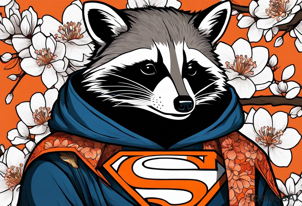 Raccoon wearing a white Superman logo on a black hoodie and orange Japanese cherry blossoms beside tattoo idea