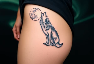 lone wolf howling at full moon with northern lights backdrop tattoo idea