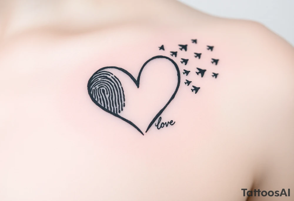 Two fingerprints merged into a heart shape, with the top right edge breaking away into small planes flying into the sky.

Place a signature Beneath the heart in the loved one’s handwriting. tattoo idea