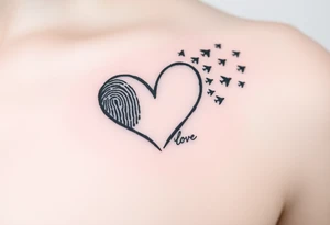 Two fingerprints merged into a heart shape, with the top right edge breaking away into small planes flying into the sky.

Place a signature Beneath the heart in the loved one’s handwriting. tattoo idea