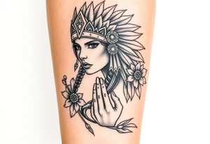 powerful beautiful women warrior with jaguar headdress surrounded by flowers and with a guiding hand tattoo idea