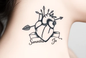 anatomical heart pierced by ornate arrow with flowing ribbons with the name Samantha Jo tattoo idea