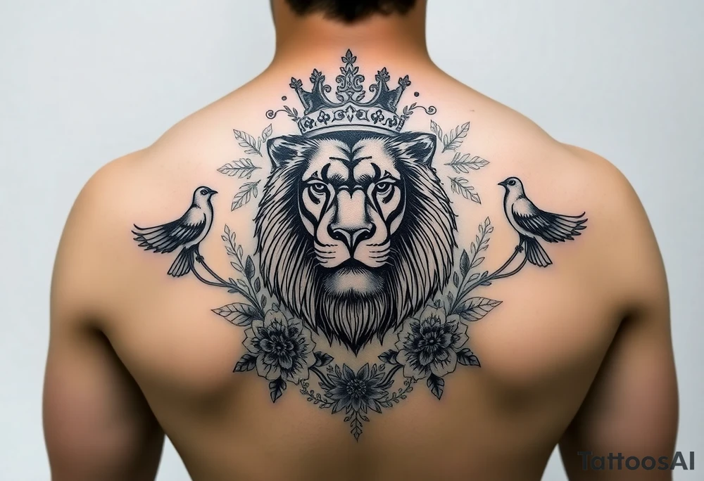 powerful majestic lion with a crown, surrounded by floral ornaments and birds tattoo idea