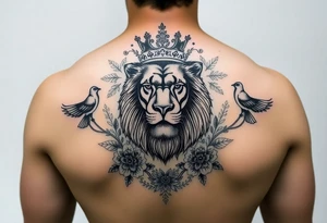 powerful majestic lion with a crown, surrounded by floral ornaments and birds tattoo idea