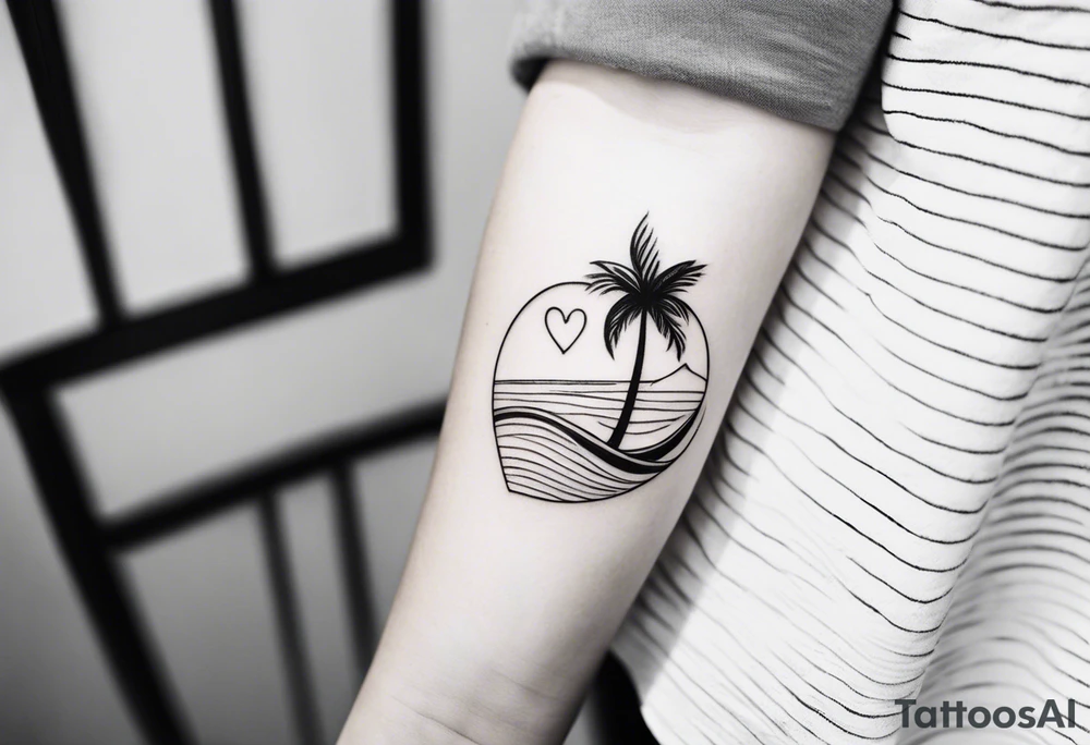 Inner arm , in one straight line .. a small Palm tree , shell , wave & heart tattoo idea