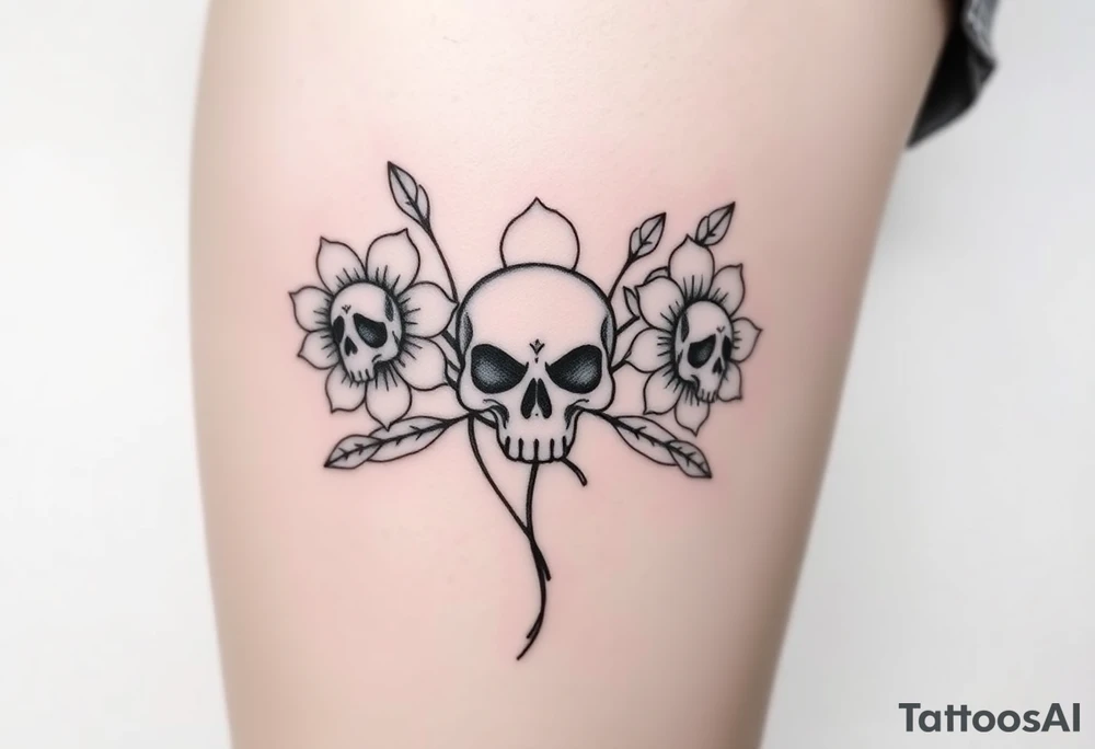 Three Flowers with skulls in the center of the flowers tattoo idea