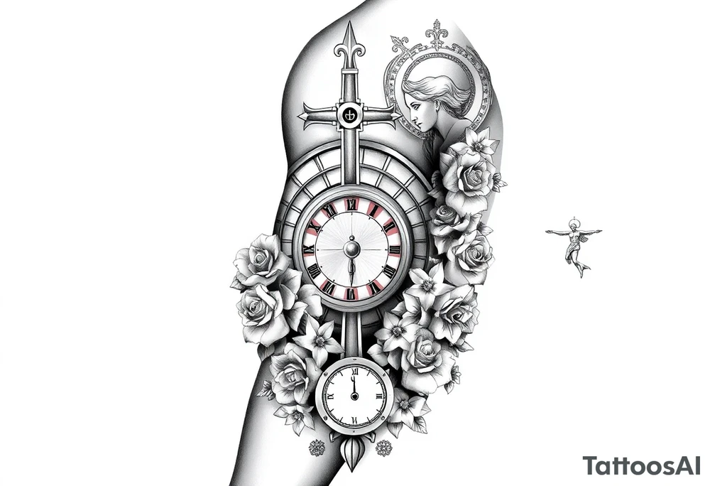 Roulette casino and princess and jesus on cross, baby angels, roses and clock and stars and fish tattoo idea